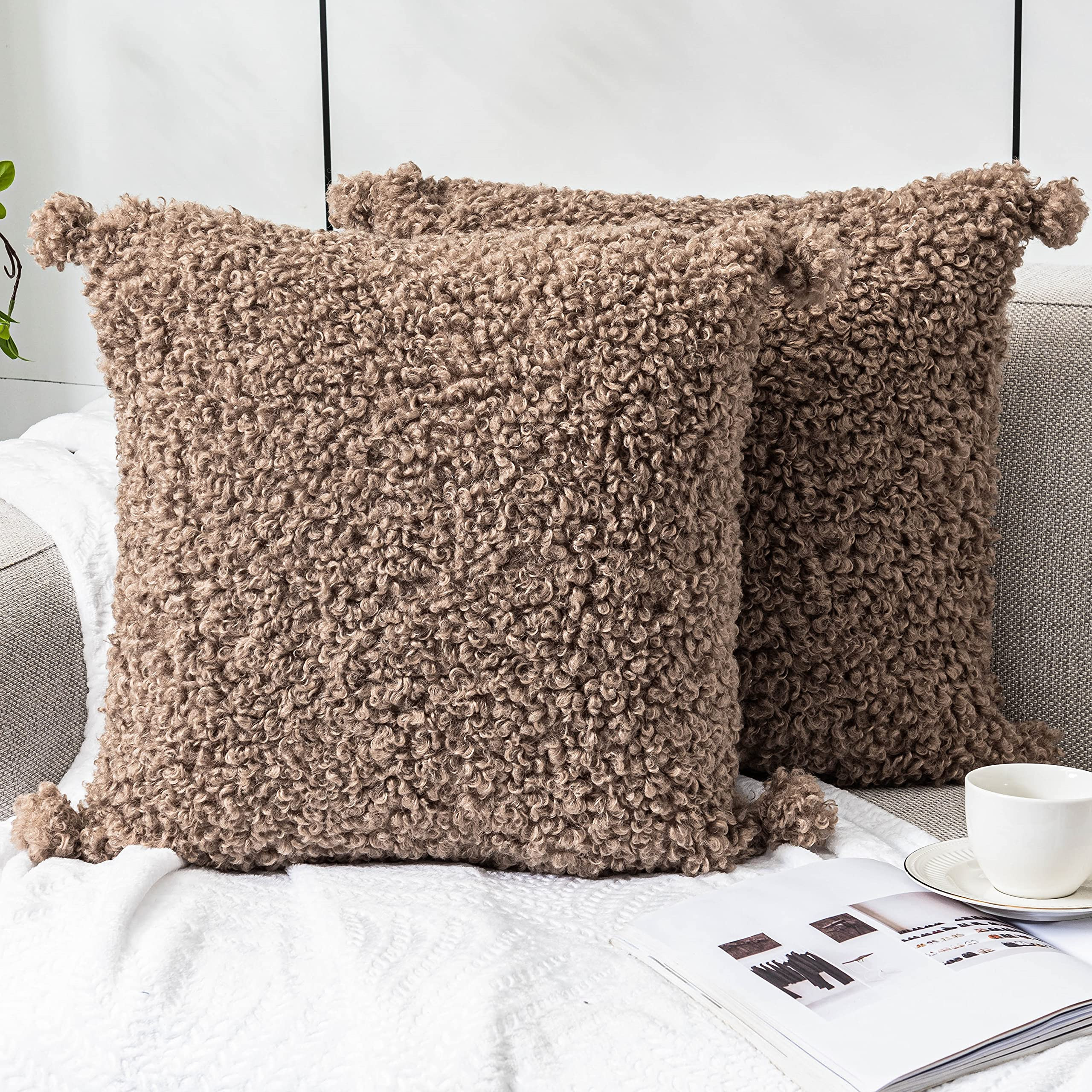 Foindtower 2 Pieces Faux Fur Throw Pillow Cover Decorative Sherpa Pillow Fuzzy Teddy Accent Pillowca | Amazon (US)