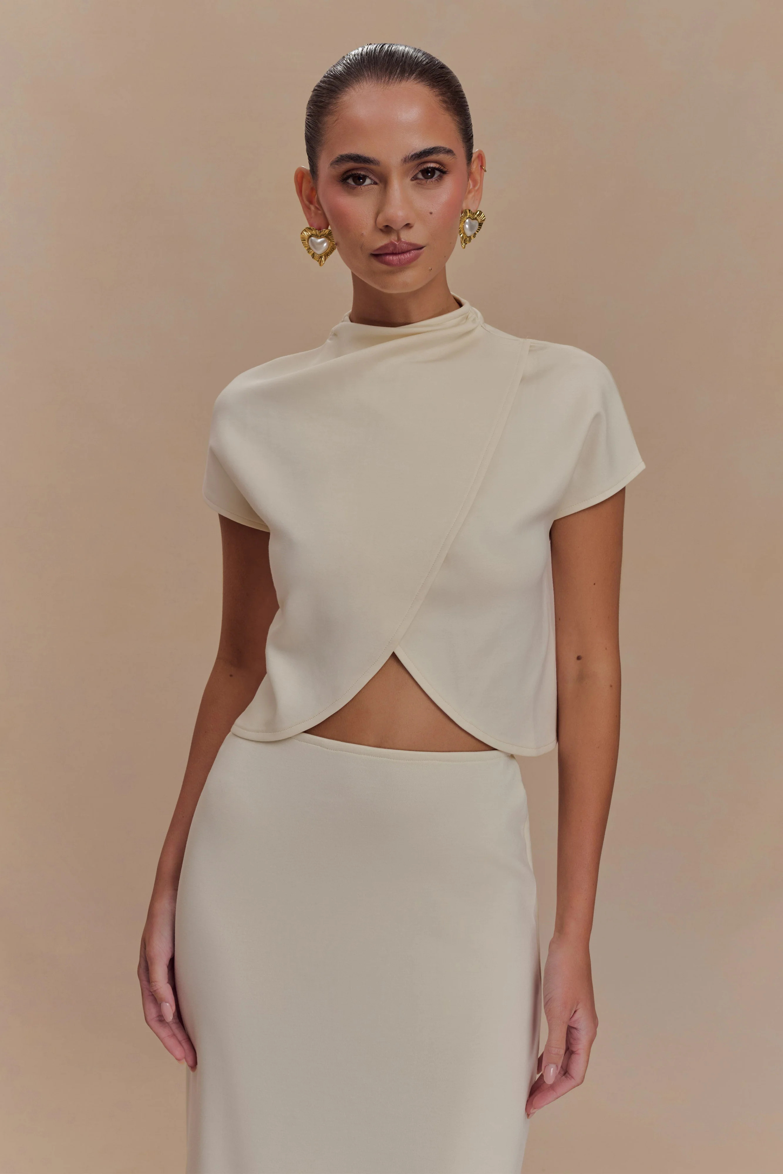 High Neck Scuba Jersey Top - Ivory | MESHKI US