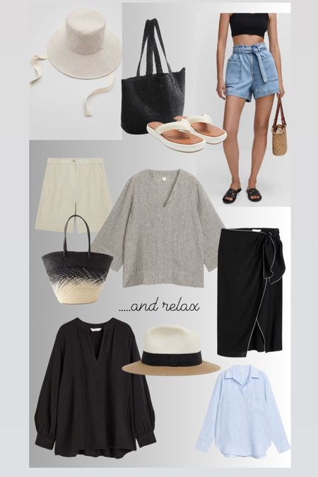 All the holiday vibes. Linen tops, cute shirts, basket bags and sun hats.