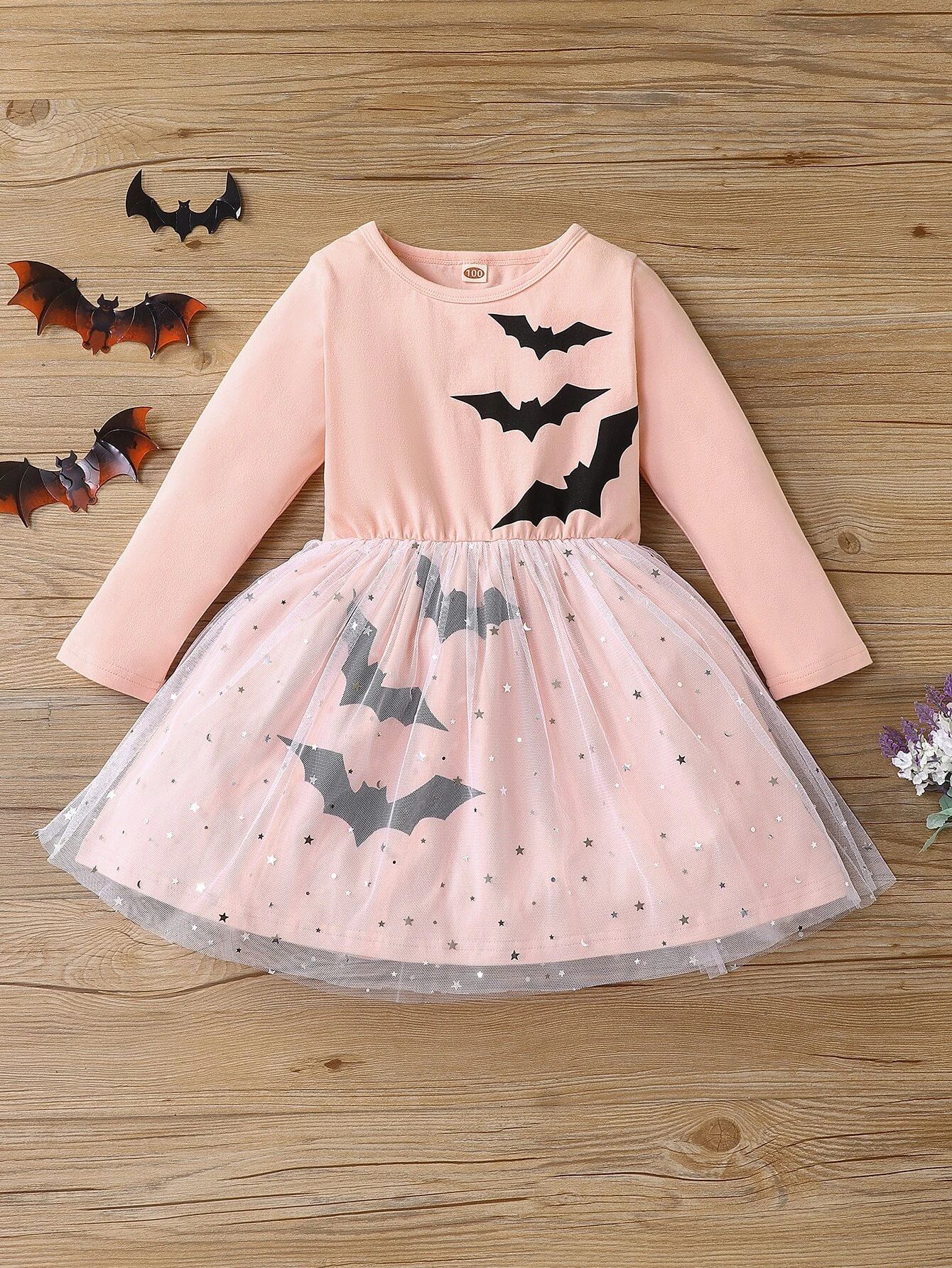 Toddler Girls Halloween Print Mesh Panel Dress | SHEIN