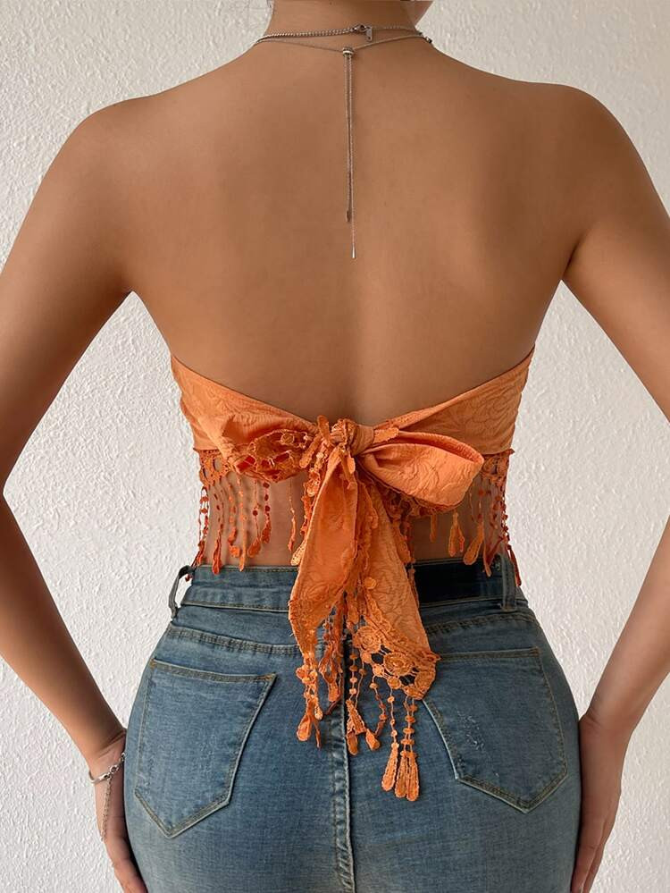Jacquard Guipure Lace Fringe Hem Tie Back Crop Tube Top | SHEIN