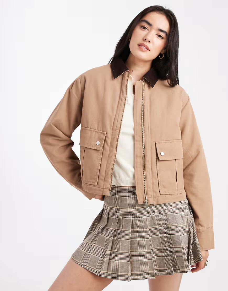 New Look cropped barn jacket in tan-Brown | ASOS (Global)