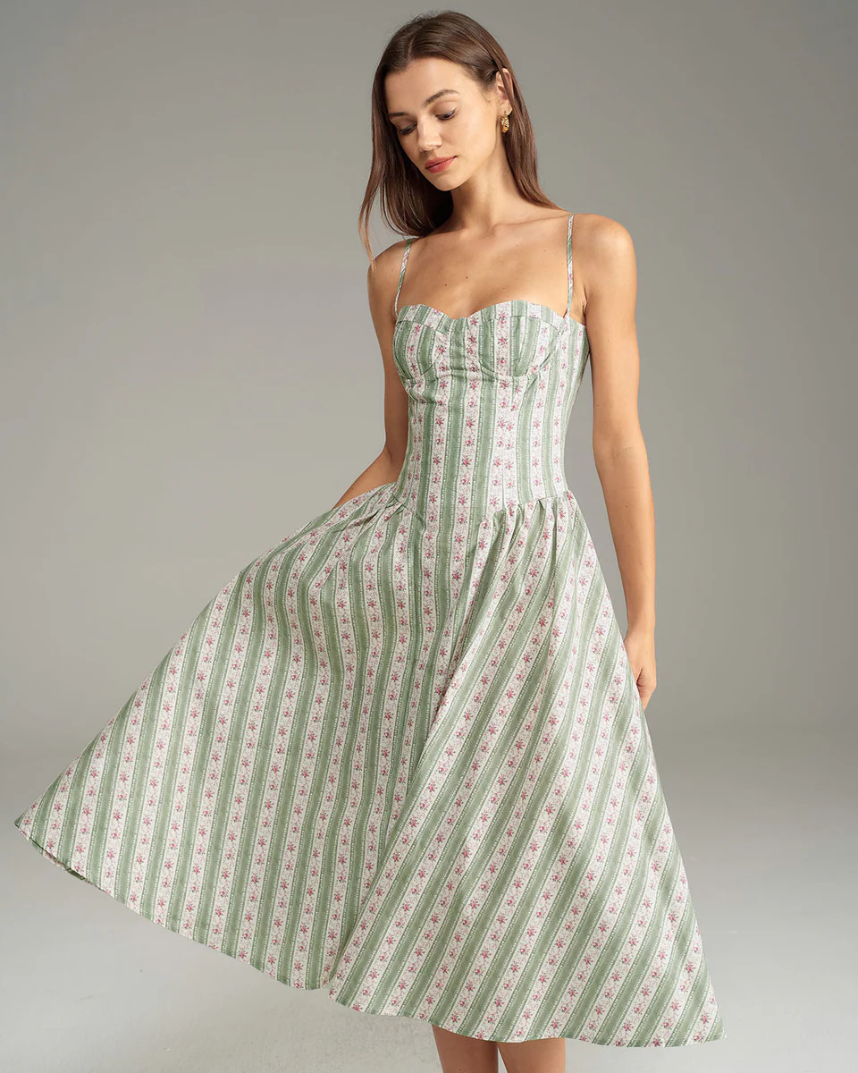 Green Striped Slip Midi Dress | rihoas.com