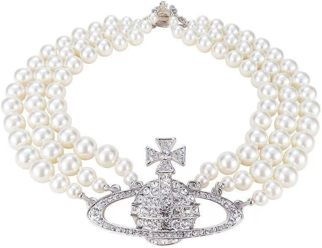 Saturn Pearl Necklace White Pearl Choker Necklace for Women Crystal Rhinestone Planet Necklace Gi... | Amazon (US)