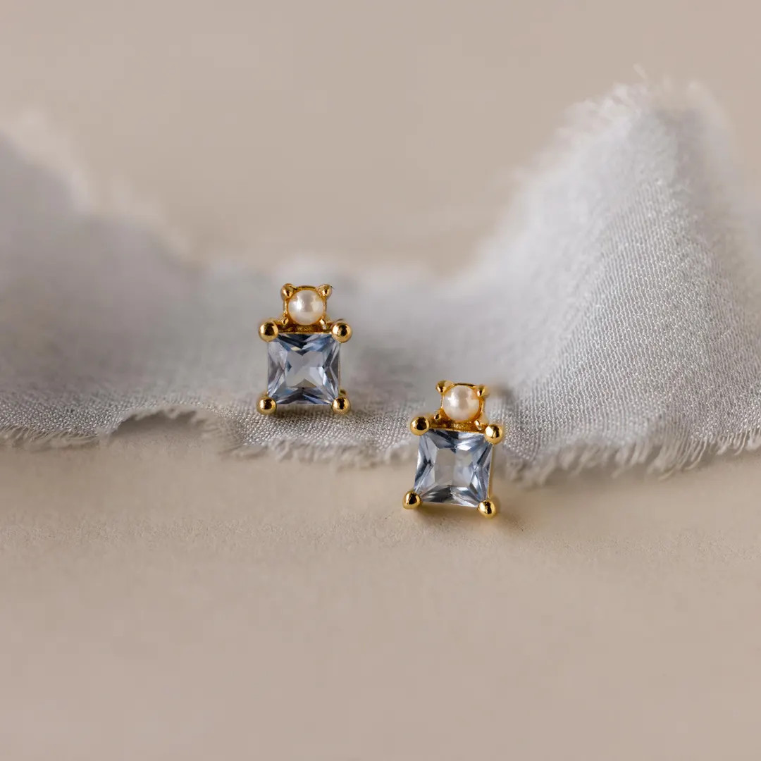 Aquamarine & Pearl Stud Earrings by Caitlyn Minimalist \u2022 Dainty Light Blue Gemstone Earrings... | Etsy (Global)