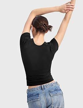 PUMIEY Women's Square Neck Going Out Tops Sexy Slim Fit Short Sleeve T Shirts Smoke Cloud Pro Col... | Amazon (US)