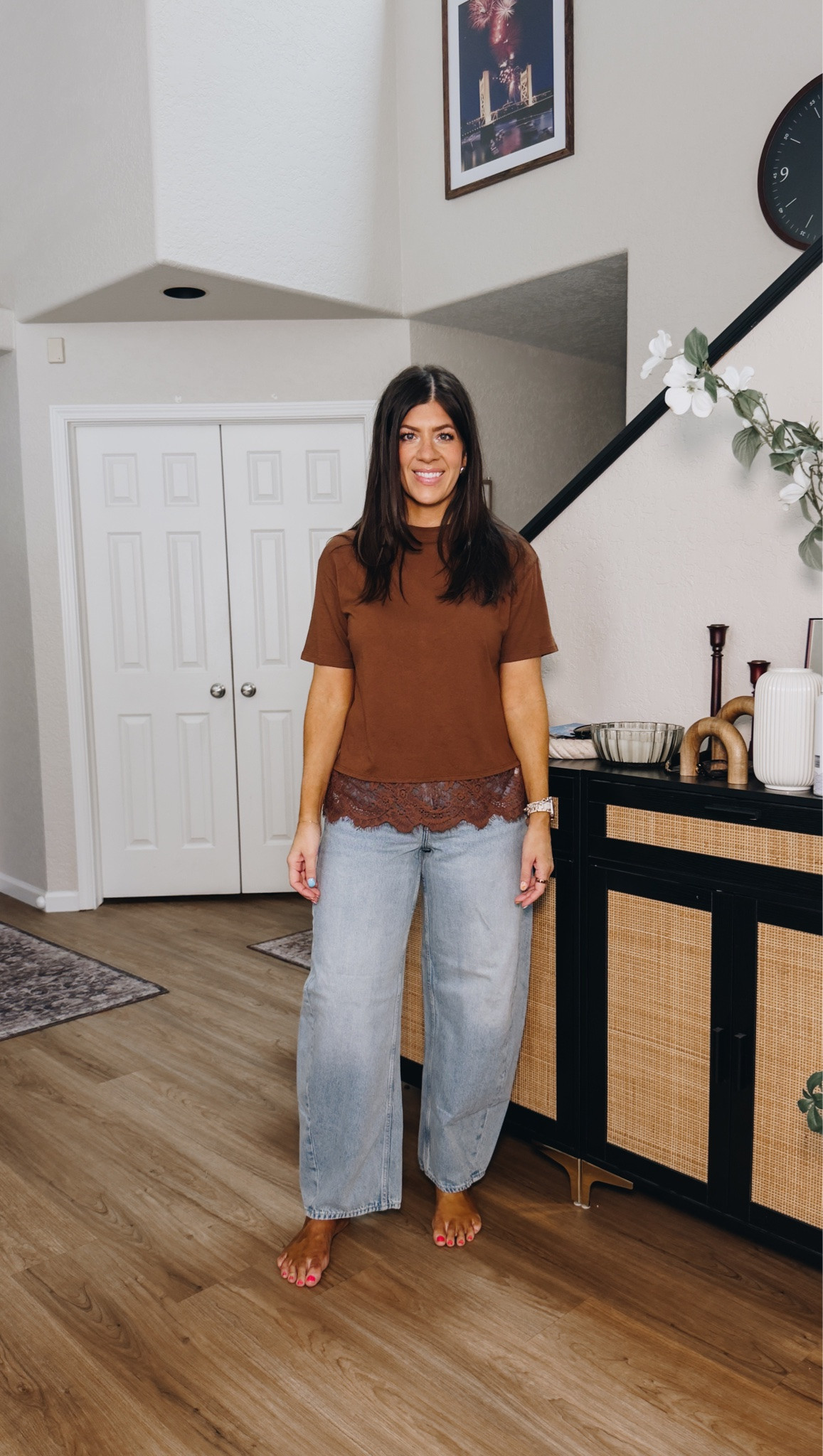 In a small tee and 8 regular barrel Jean

#LTKSaleAlert #LTKMidsize #LTKTall