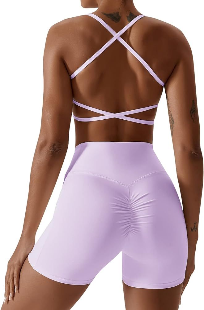 IWEMEK Women Workout 2 Piece Outfits Scoop Neck Cross Back Sport Bra Crossover High Waist Legging... | Amazon (US)