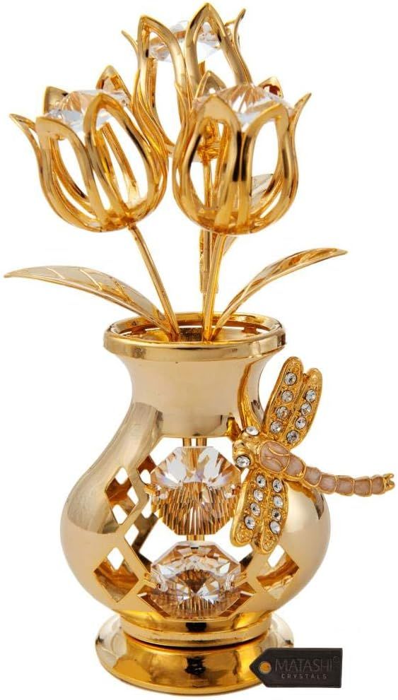 Matashi 24K Gold Plated Crystal Studded Flower Ornament in a Vase with Decorative Dragonfly Table... | Amazon (US)