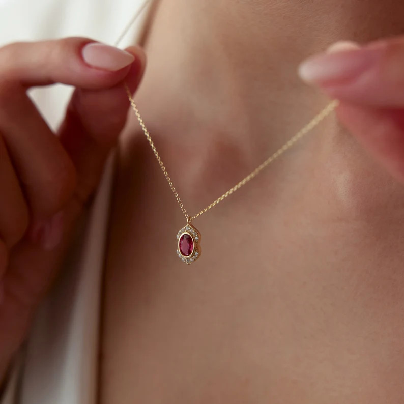 14k Gold Ruby Necklace, Gold Ruby Pendant, Ruby Birthstone, July Gemstone, Ruby Stone Charm, Oval... | Etsy (US)