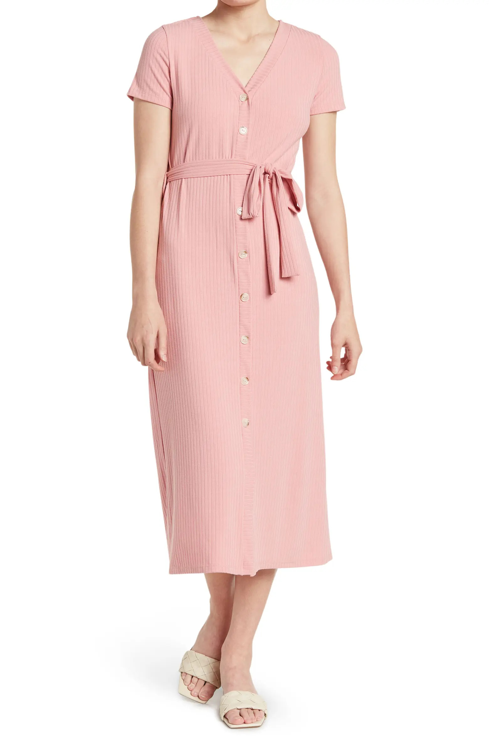 DUAL NATURE Short Sleeve Ribbed Knit Button Midi Dress | Nordstromrack | Nordstrom Rack