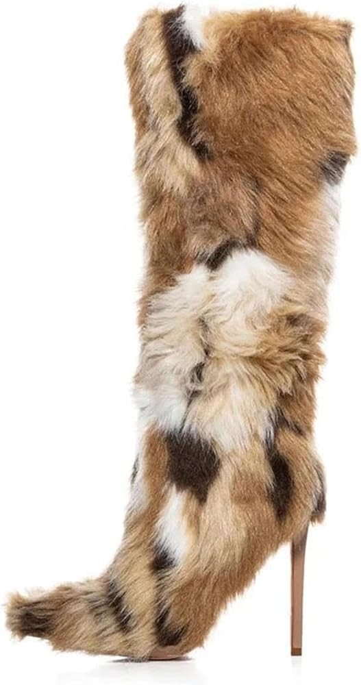SIFINELAR Women's Knee High Boots Faux Fur Boots for Women Kitten High Heel Furry Fluffy Pointed ... | Amazon (US)