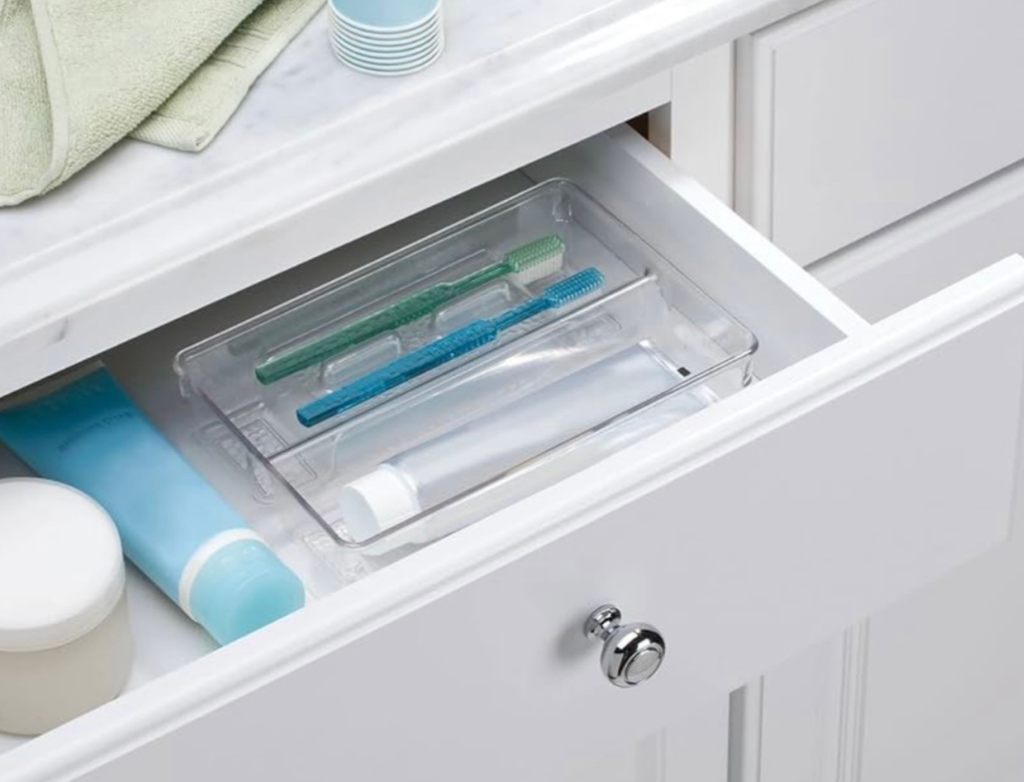 Have small drawers but want to keep your toothbrush and toothpaste hidden? Here’s a flat tray option. 

toothbrush organizer, toothpaste organizer, bathroom organizer, organizer, toothbrush, toothpaste

#LTKhome