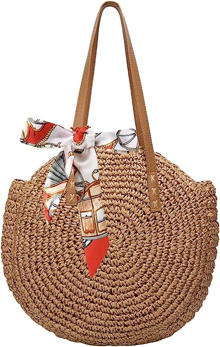 Women's Straw Handbags Large Summer Beach Tote Woven Round Pompom Handle Purse Shoulder Bag Vocat... | Amazon (US)