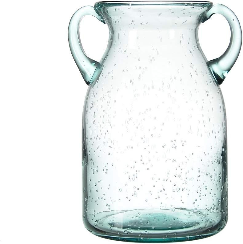 Flower Vase Glass Elegant Double Ear Decorative Handmade Air Bubbles Bluish Color Glass Vase for ... | Amazon (US)