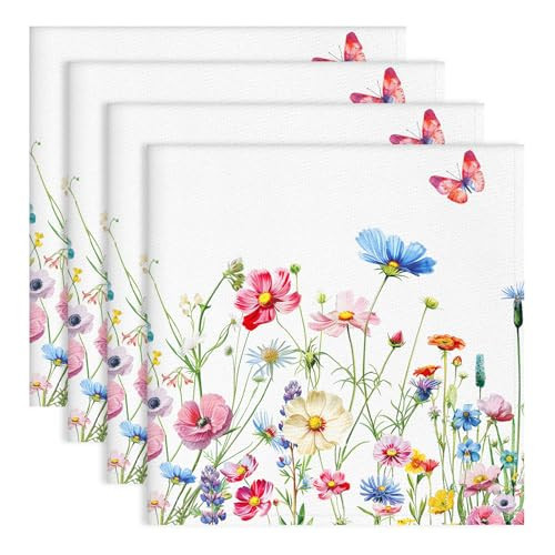 Arquiel Wildflowers Floral Butterfly Print Cloth Napkins 100% Cotton, 18" X 18" Dinner Napkins Cloth Set, Washable Napkins for Home, Kitchen, Dinner, Party, Wedding, Cocktail, Set of 4 | Amazon (US)