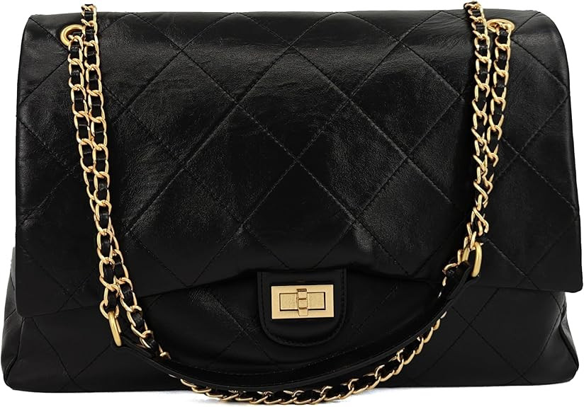 Large Quilted Leather Shoulder Bag for Women, Oversize Double Gold Chain Strap Tote Bag, Classic ... | Amazon (US)