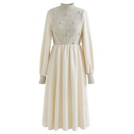 Pom-Pom Diamond Knit Spliced Dress in Sand | Chicwish