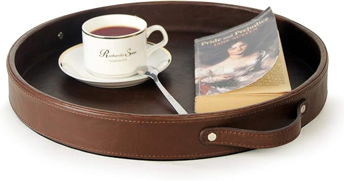 HofferRuffer Top Nocth PU Leather Round Serving Tray, Decorative Serving Tray with Handles, Coffe... | Amazon (US)