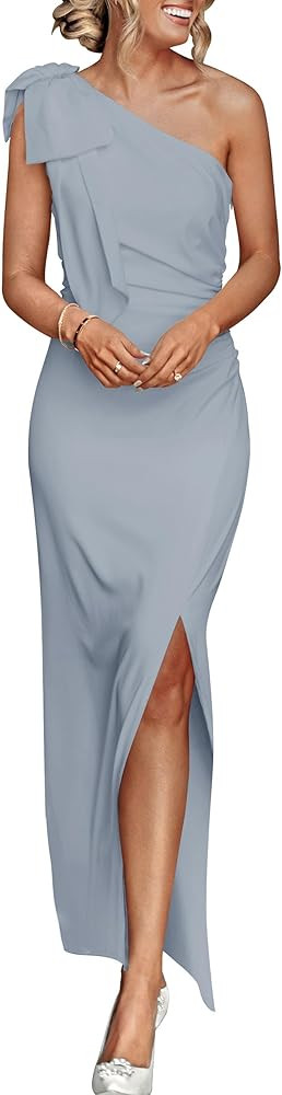 PRETTYGARDEN Women's Summer One Shoulder Long Formal Dresses Sleeveless Ruched Bodycon Wedding Gu... | Amazon (US)