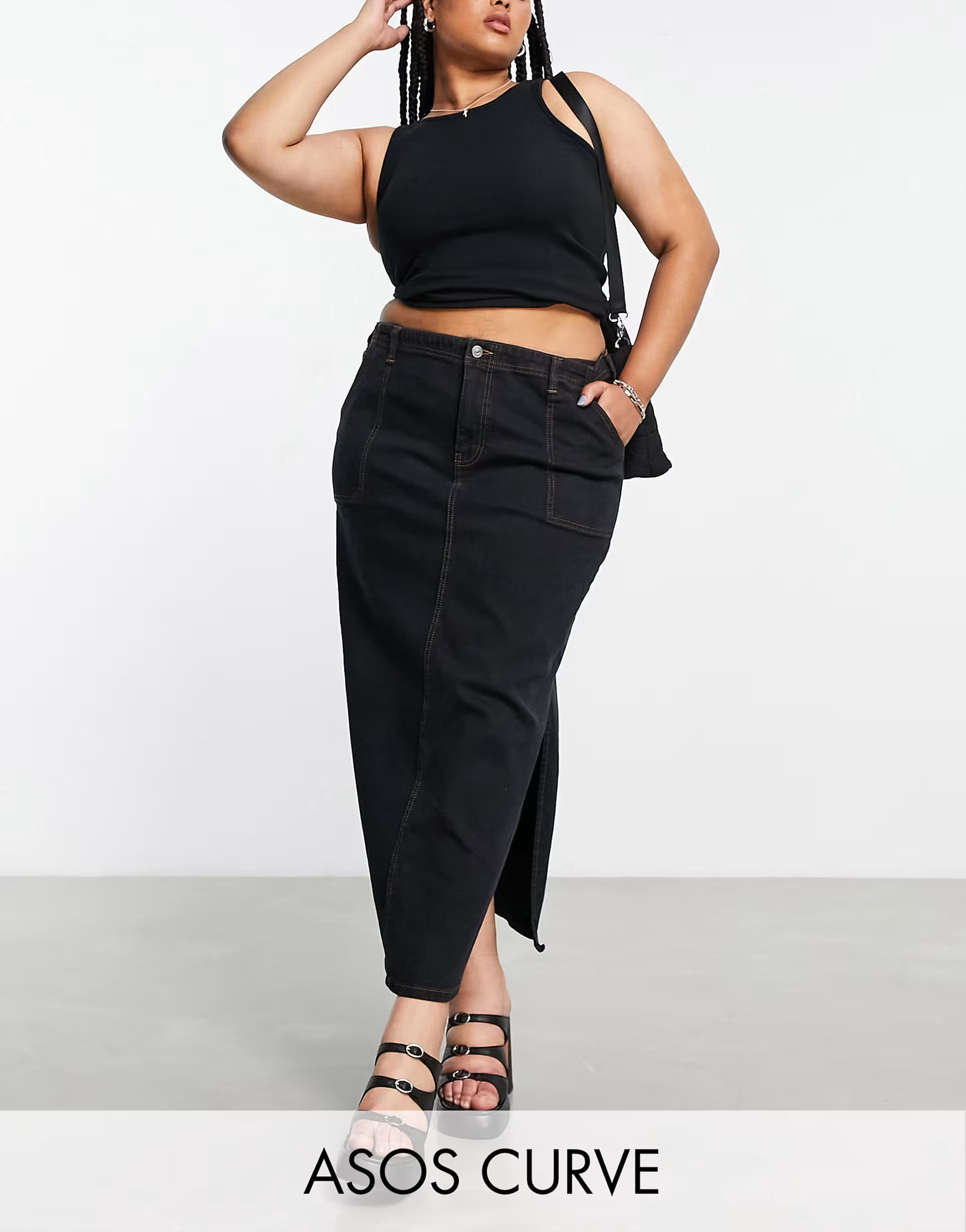 ASOS DESIGN Curve denim cargo midi skirt in washed black | ASOS (Global)