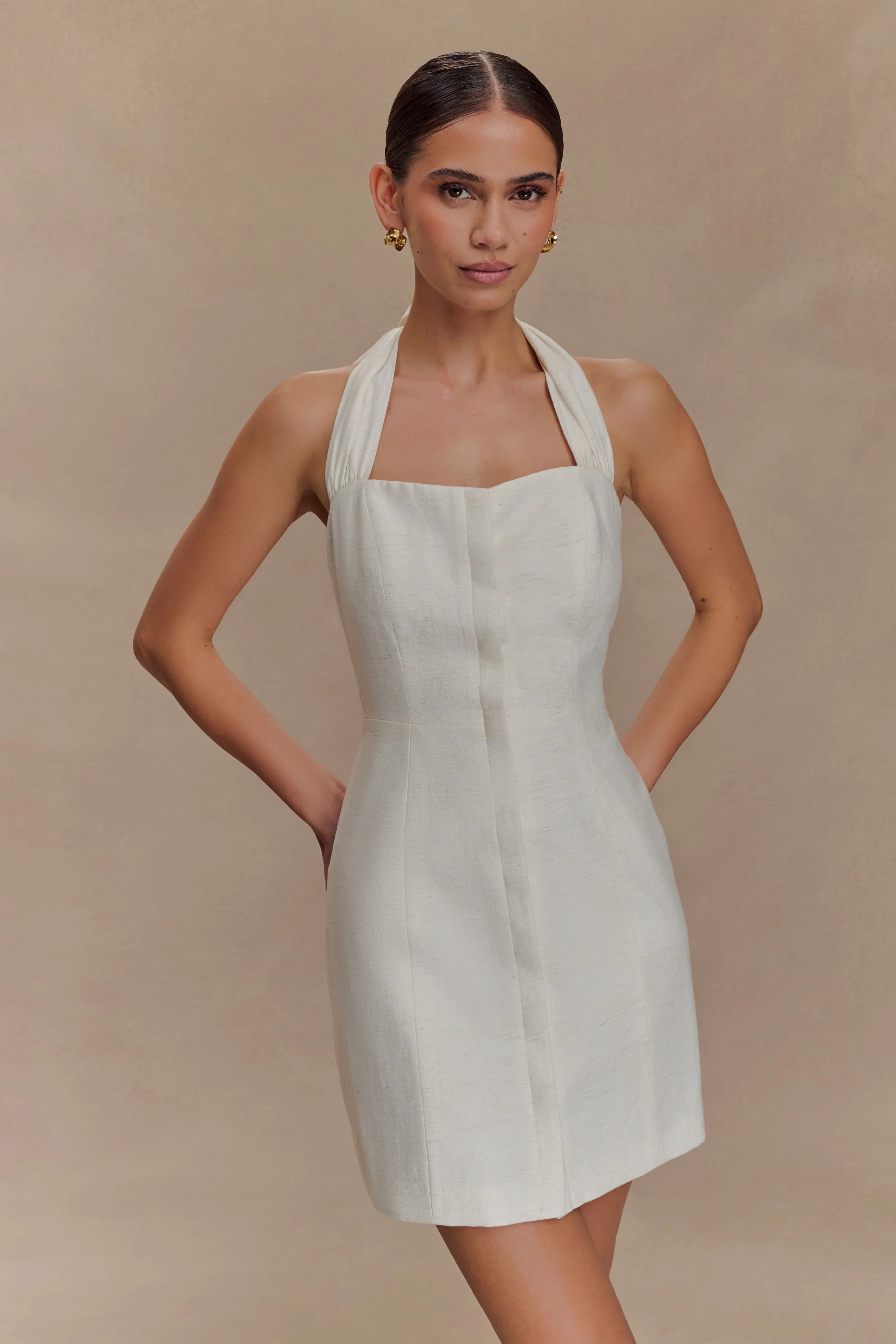 Anya Linen Halter Mini Dress - Oat Marle | MESHKI US