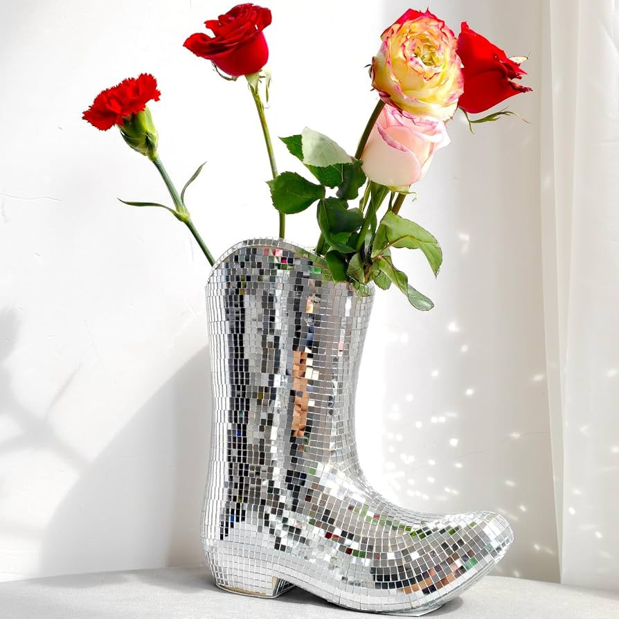 Handcrafted Disco Cowboy Boot Vase, Ceramic & Santiago Disco Ball Modern Western Flower Vase, 9.5... | Amazon (US)