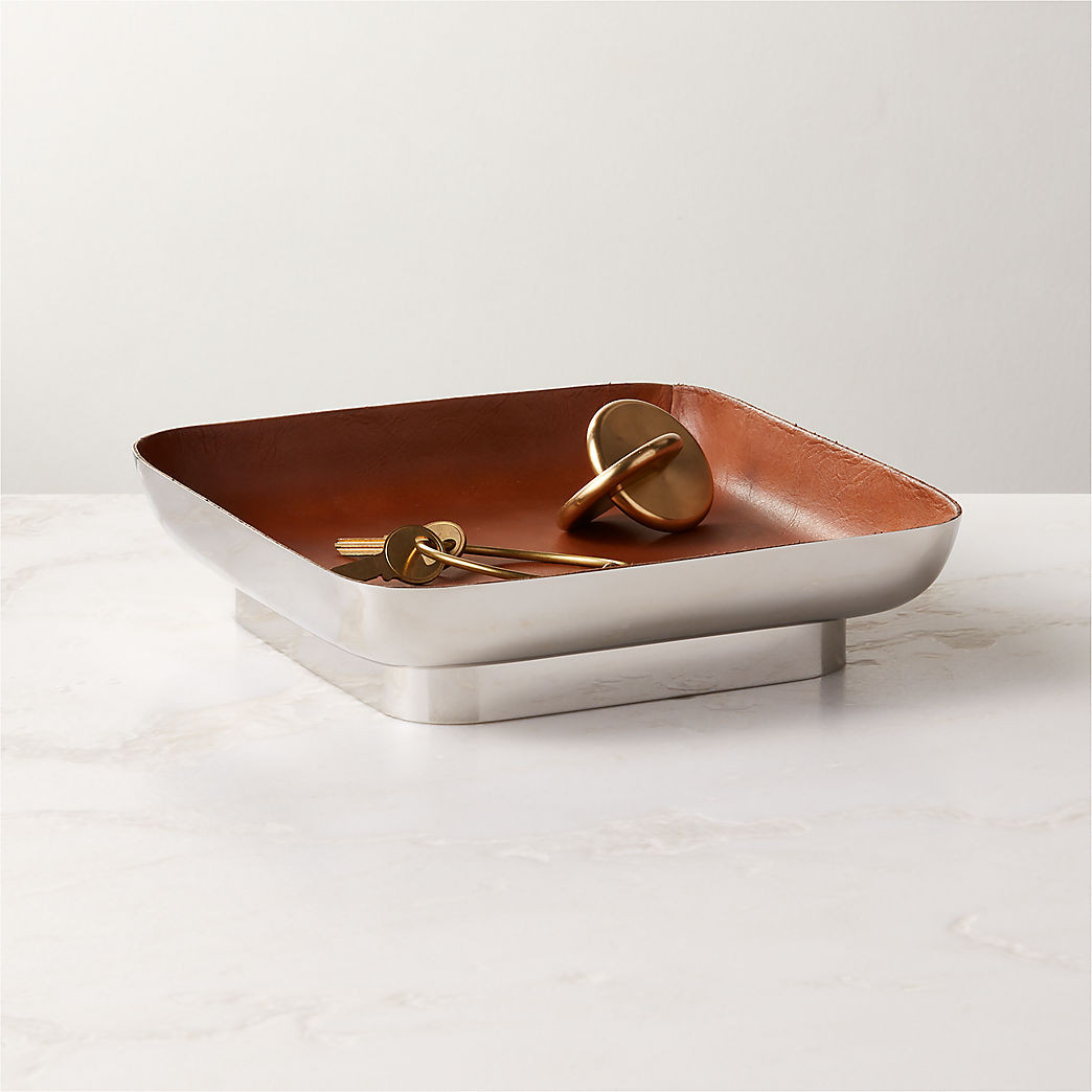 Mitri Stainless Steel and Brown Leather Decorative Tray + Reviews | CB2 | CB2