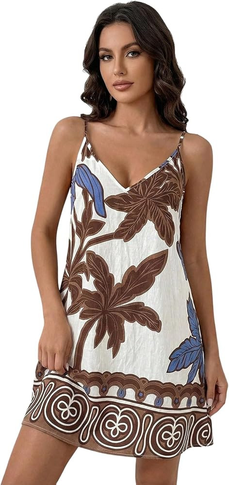 Women's Tropical Print Backless Dress Boho Deep V Neck Flowy Mini Dresses Beach Vacation Outfits | Amazon (US)