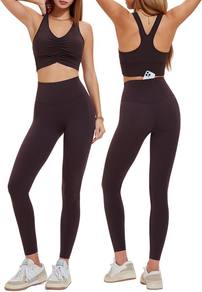 Women's 2 Piece Workout Set Ruched Longline Sports Bra & High Waisted Leggings with Pocket Remova... | Amazon (US)