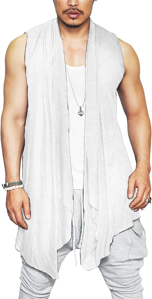 COOFANDY Men's Ruffle Shawl Collar Cardigan Sleeveless Open Front Vest Lightweight Long Length Drape | Amazon (US)