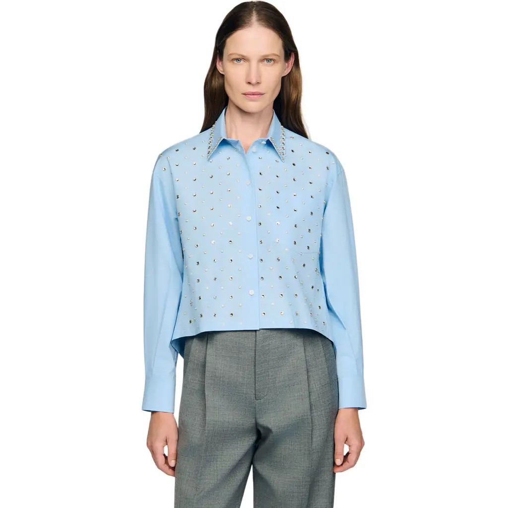 SANDRO Rhinestone shirt in Sky Blue at Nordstrom, Size Medium | Nordstrom