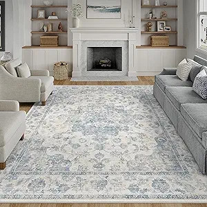 8x10 Washable Neutral Area Rug Blue Vintage Living Room Bedroom Carpet Non-Slip Soft Low Pile Flo... | Amazon (US)