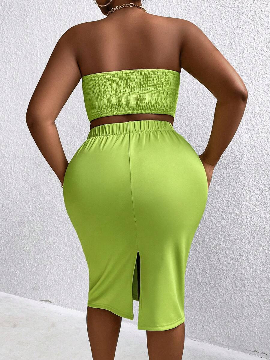 SHEIN Slayr Plus Size Bow Decor Strapless Top And Pencil Skirt Set | SHEIN