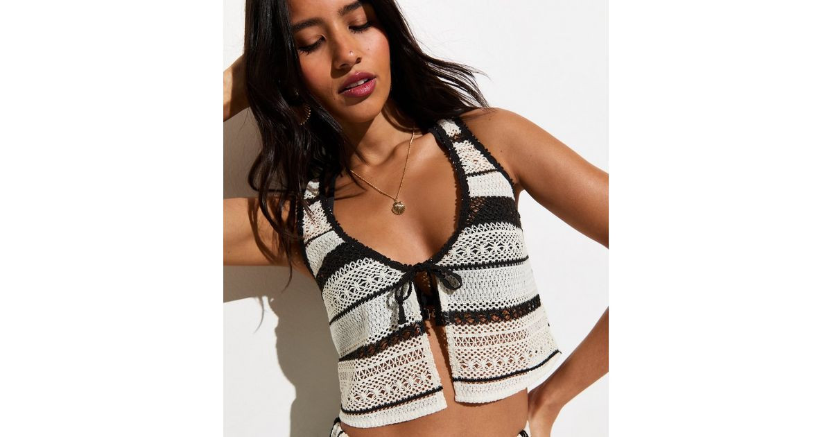 Cream Striped Tie Front Crochet Beach Waistcoat | New Look | New Look (UK)
