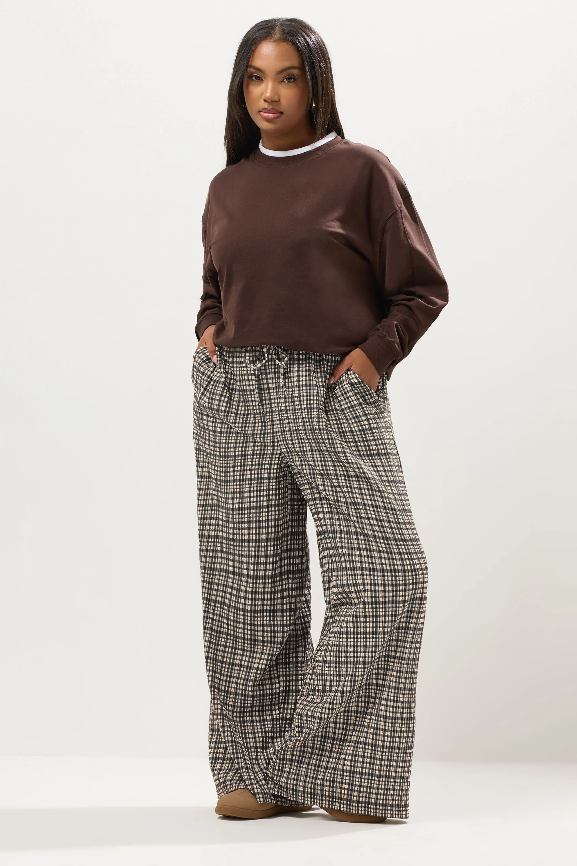 YOURS Plus Size Natural Brown Check Wide Leg Trousers | Yours Clothing UK