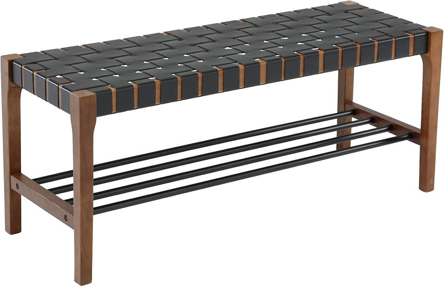 Entryway Bench with Shoe Rack 45.25" Dining Bench with Faux Leather Woven Strips Seat Solid Wood ... | Amazon (US)