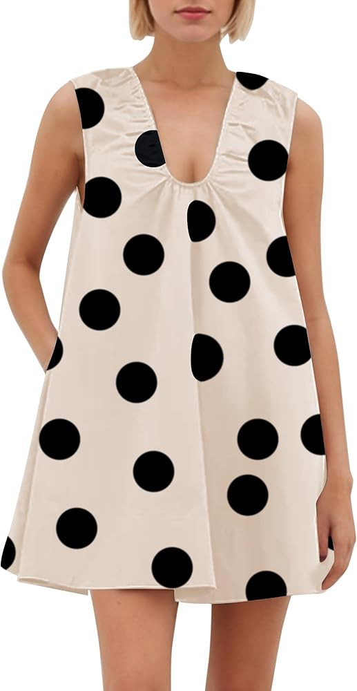 Womens Preppy Babydoll Tank Mini Dress Scoop Neck Short Sundress Loose Ruched U Neck Summer Party... | Amazon (US)