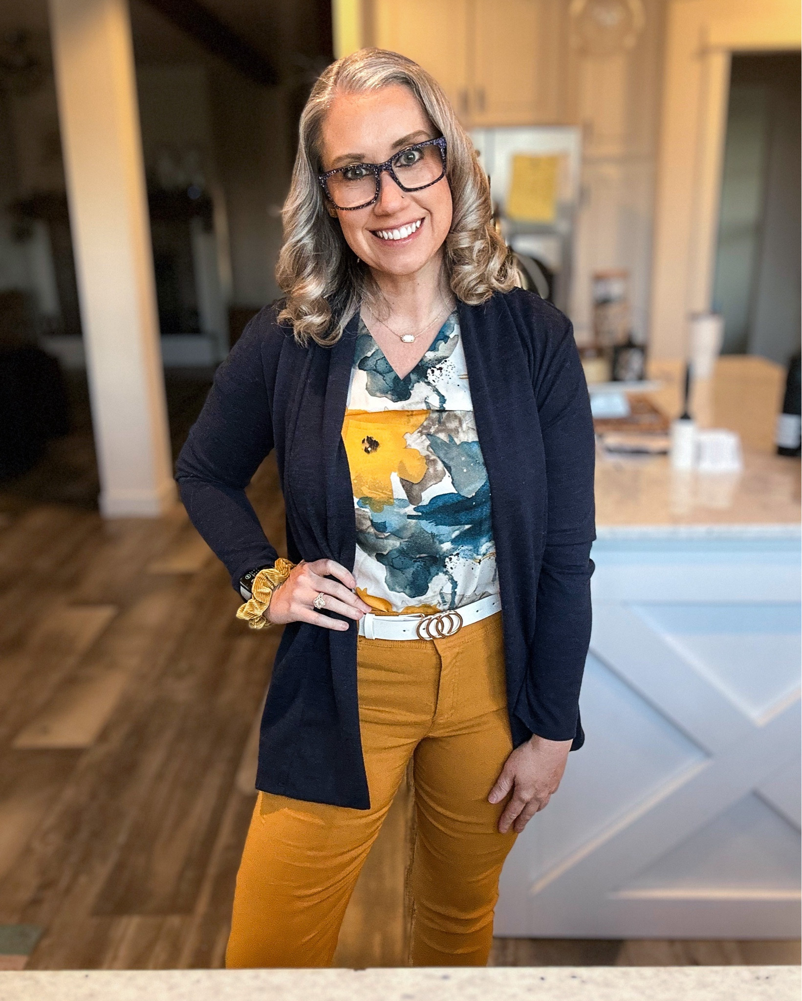 I’m unable to link the entire outfit and the mustard pants are discontinued in this color, but the do have other colors available.  
Cardigan - it’s old not sure where I got it. 
Blouse - Shein (linked) size small
Pants - 89th and Madison (linked in alt colors) size 8 but probably should’ve sized down to a 6 
Belt - Shein