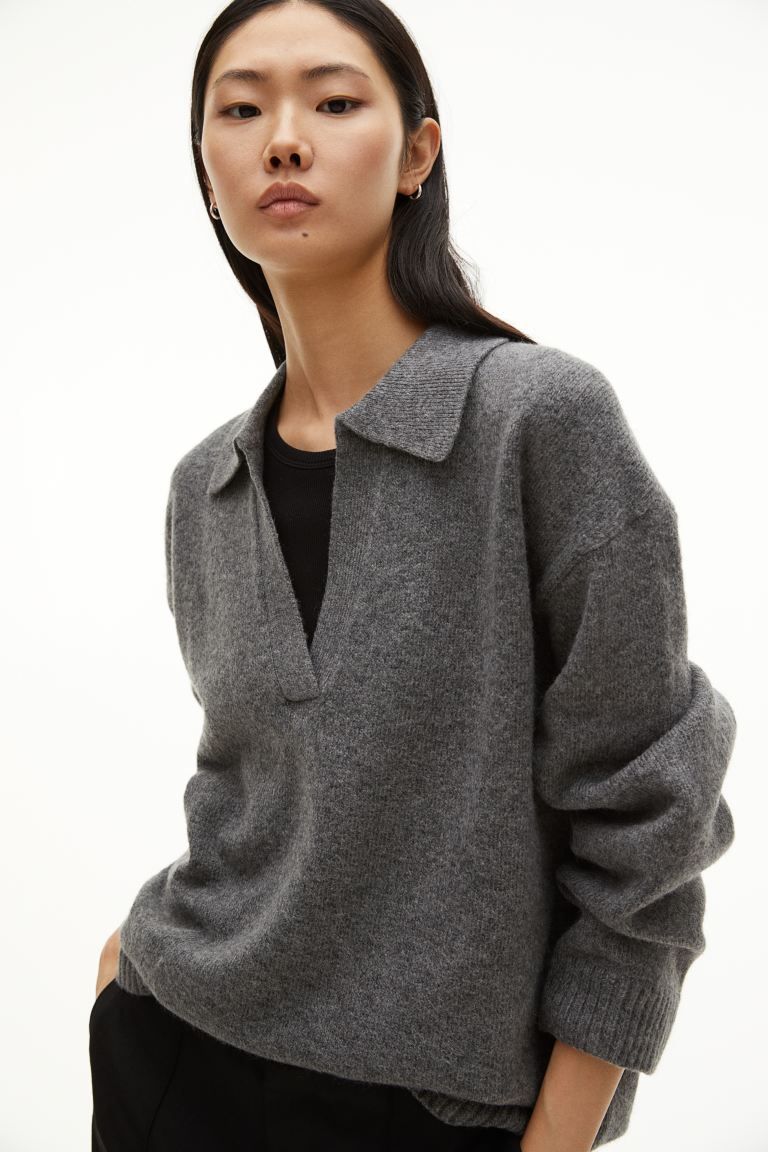 Fine-knit collared jumper - Dark grey - Ladies | H&M GB | H&M (UK, MY, IN, SG, PH, TW, HK)
