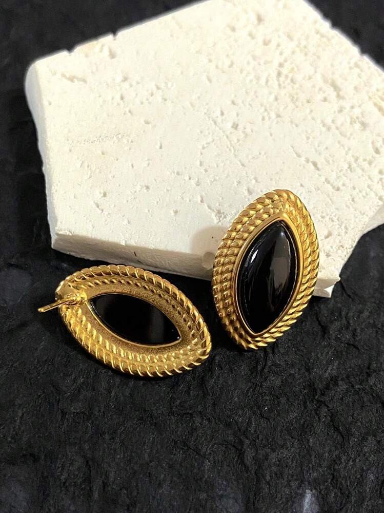 1 Pair Vintage Girls Statement Hypoallergenic Stainless Steel Gold Oval Agate Stone Earrings | SHEIN
