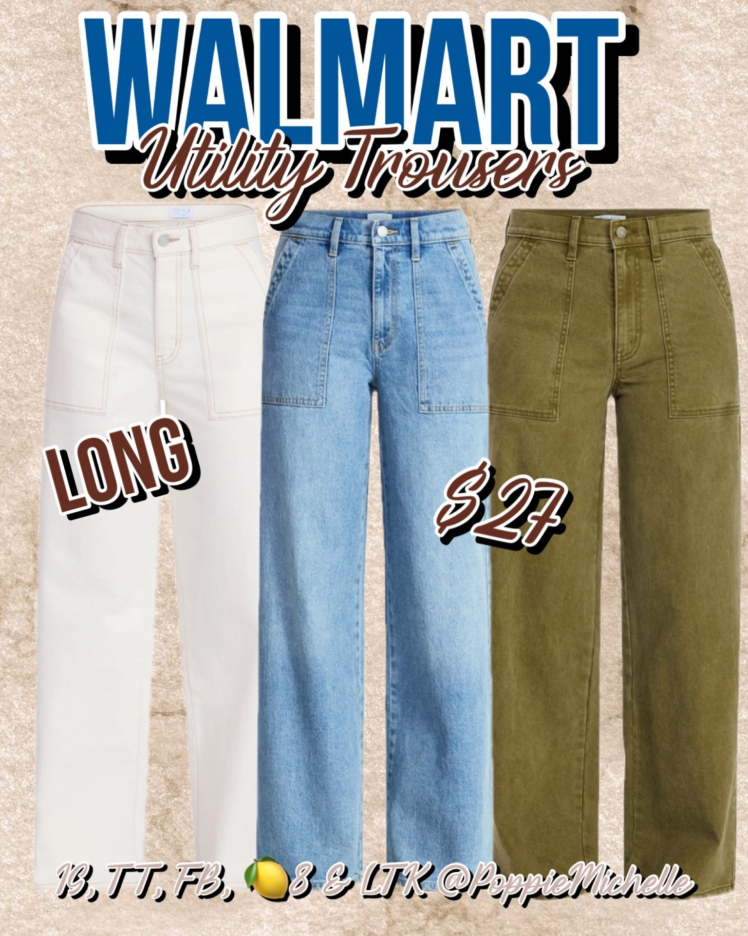Walmart Utility Trousers
Long length utility style trouser jeans 
Olive green pants jeans
White jeans white pants 

