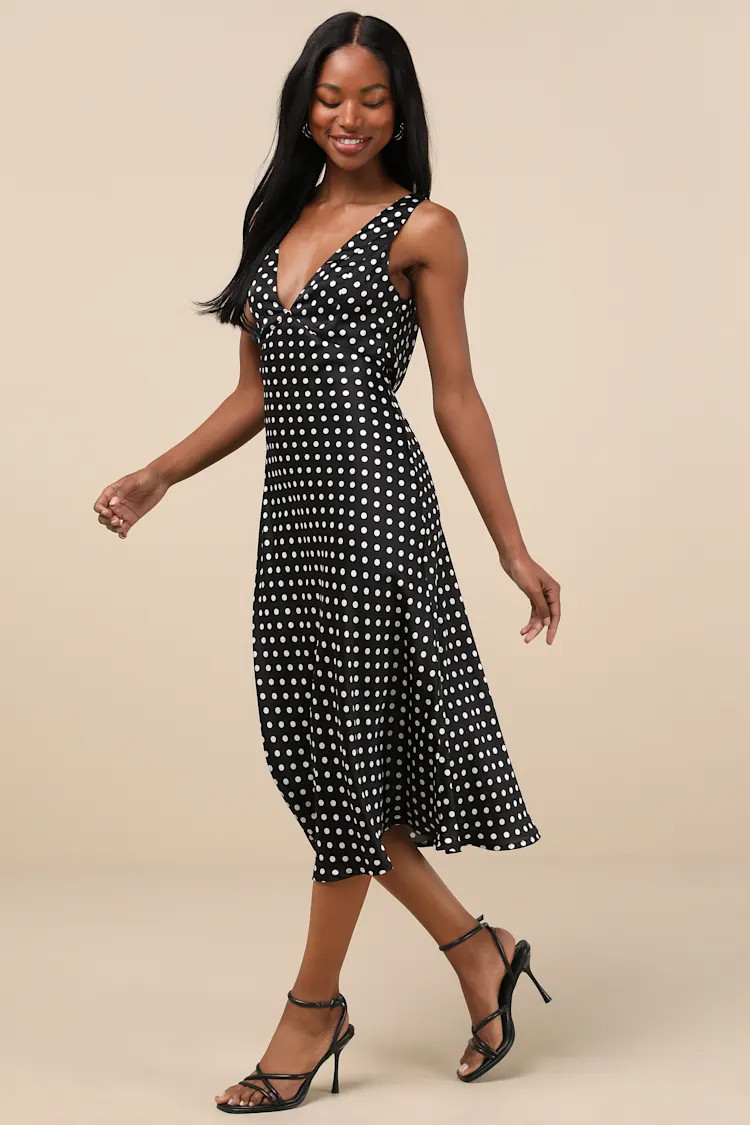 Incredible Love Black Polka Dot Satin Cowl Back Midi Slip Dress | Lulus