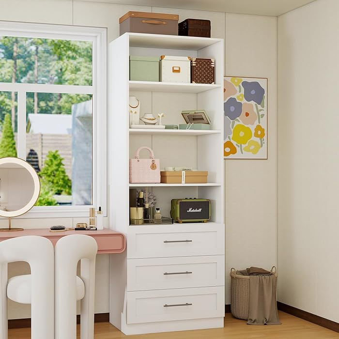 Closet System with 3 Drawers & 4 Shelves, Wood Closet Organizer System with 1 Extra Hanging Rod f... | Amazon (US)