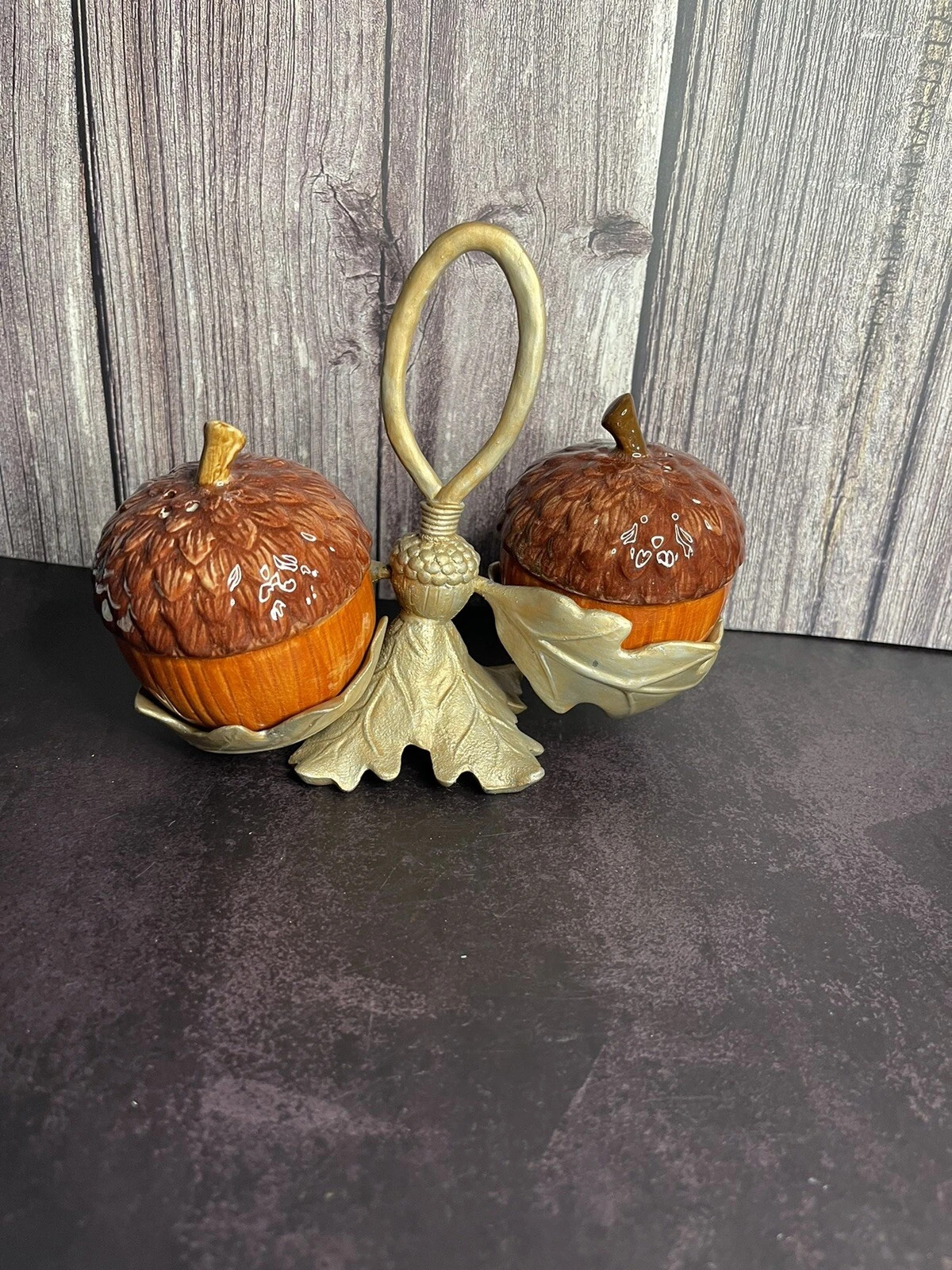 Russ Berrie Acorn Salt And Pepper Shakers With  Pewter Stand | eBay US