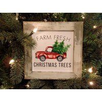 Mini Sign Red Truck Farm Fresh Christmas Trees Wall Or Shelf Farmhouse Decor Print | Etsy (US)