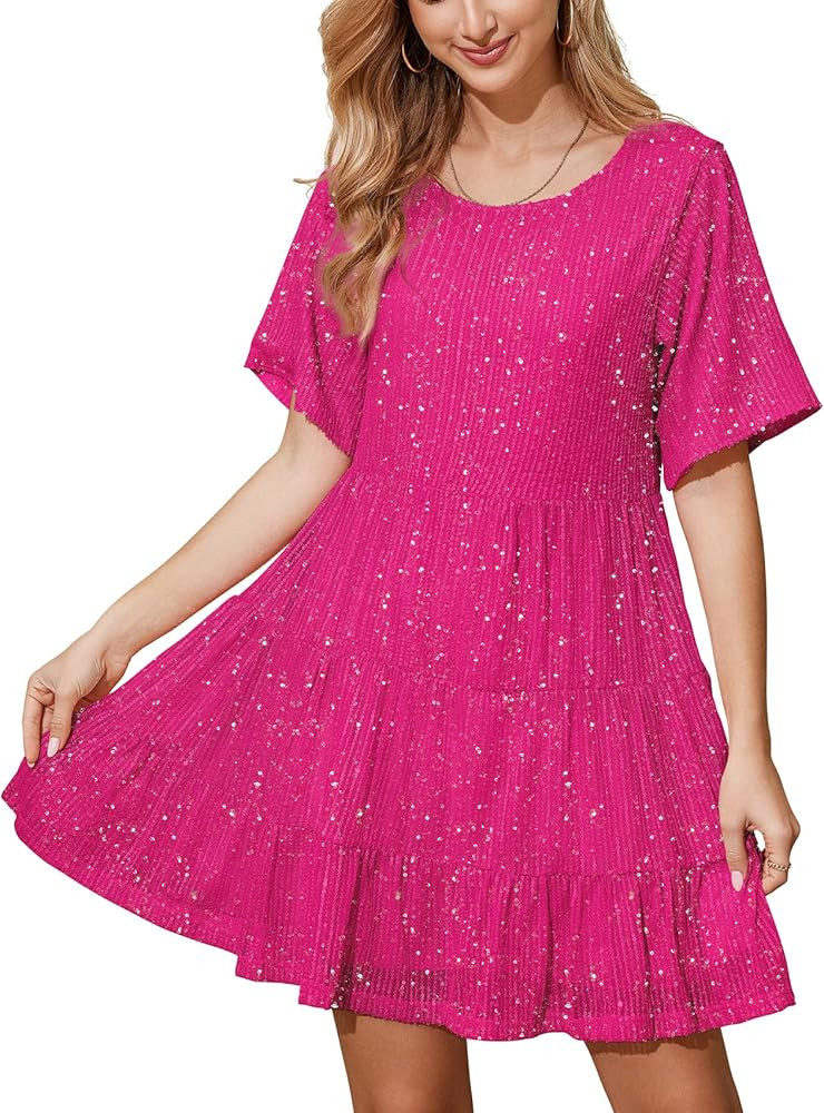 MAYSTEPPE Sparkly Glitter Dress, Sequin Babydoll Summer Dress Short Flowy Tiered Tunic Dress for ... | Amazon (US)