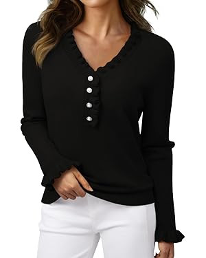 Pink Queen Women's V Neck Sweater Button Down Ruffle Trim Knitted Pullover Jumper Tops | Amazon (US)