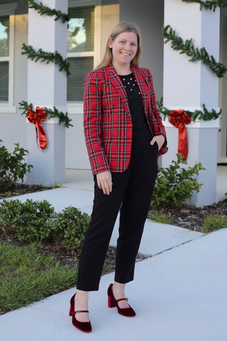 How to wear a tartan blazer. Festive holiday and Christmas look with red Mary Jane velvet heels  

#LTKHoliday #LTKSeasonal