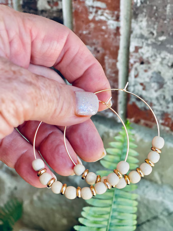 6mm Cream Wooden Bead Gold Hoop Earrings | Etsy | Etsy (US)